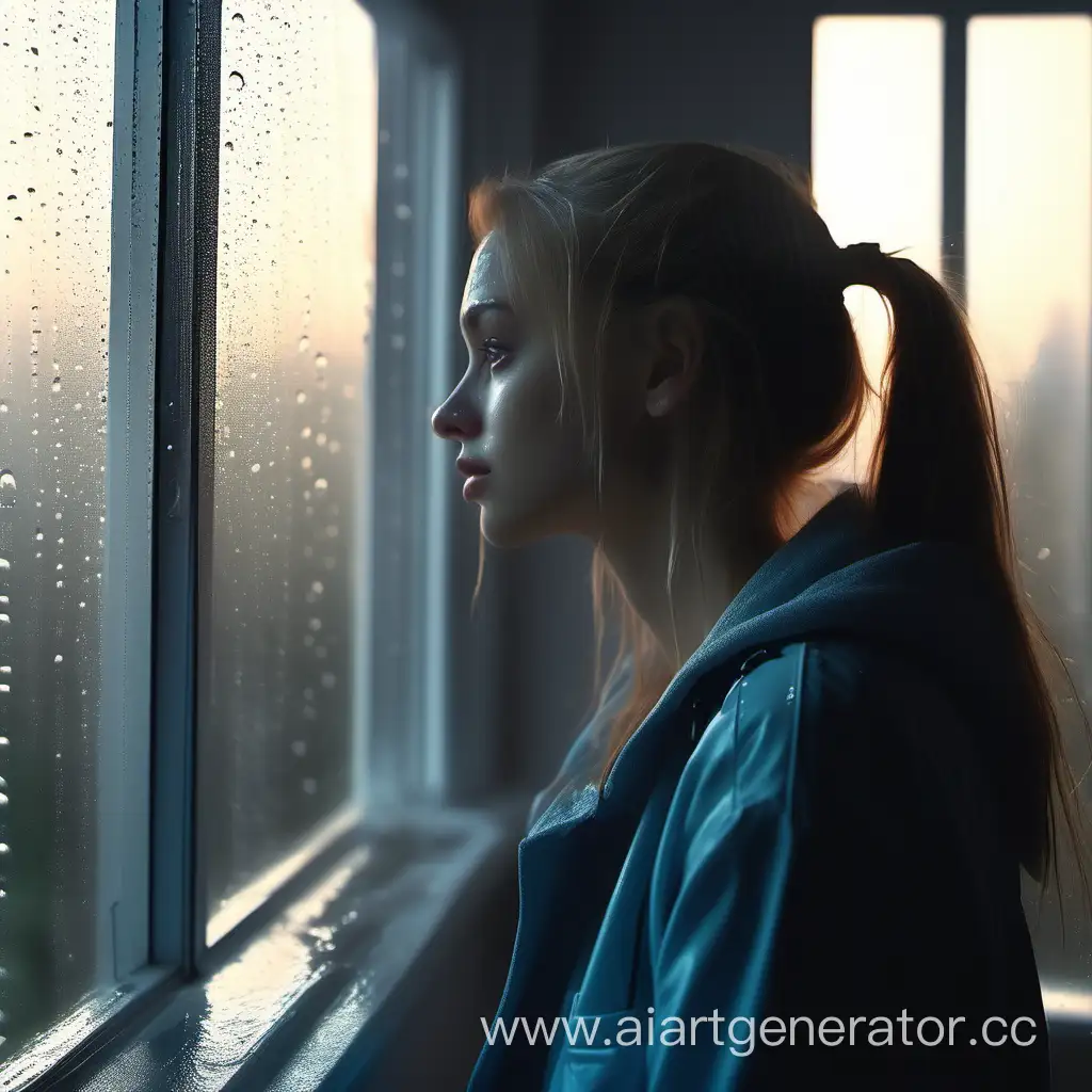 девушка  смотрит на дождь через окно ,красиво, эстетично, профессиональное фото, 4k, высокое разрешение, реалистично, высокая детализация, яркое освещение