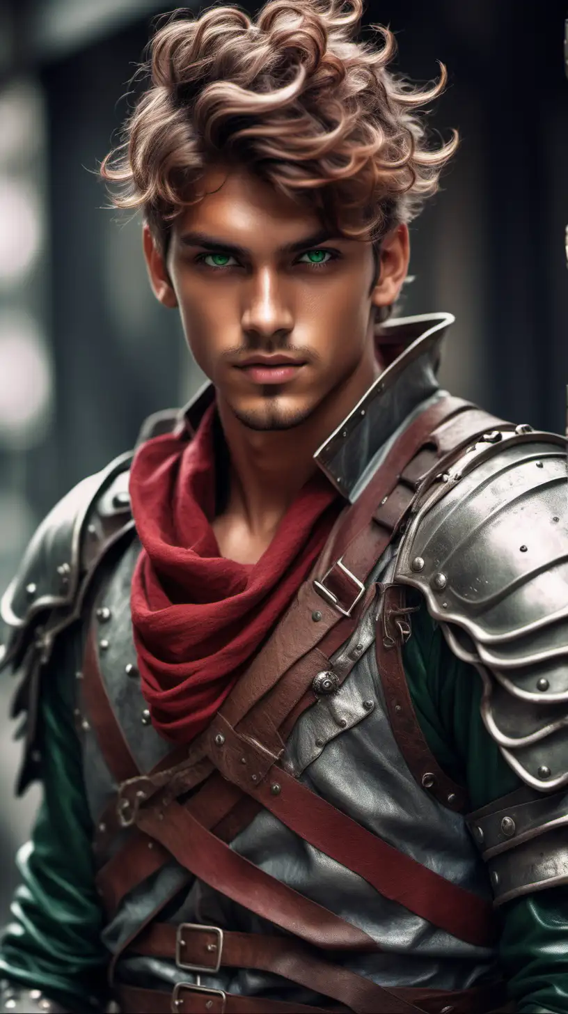 Fantasy Young Man with Armor and Red Hair in Vibrant Setting