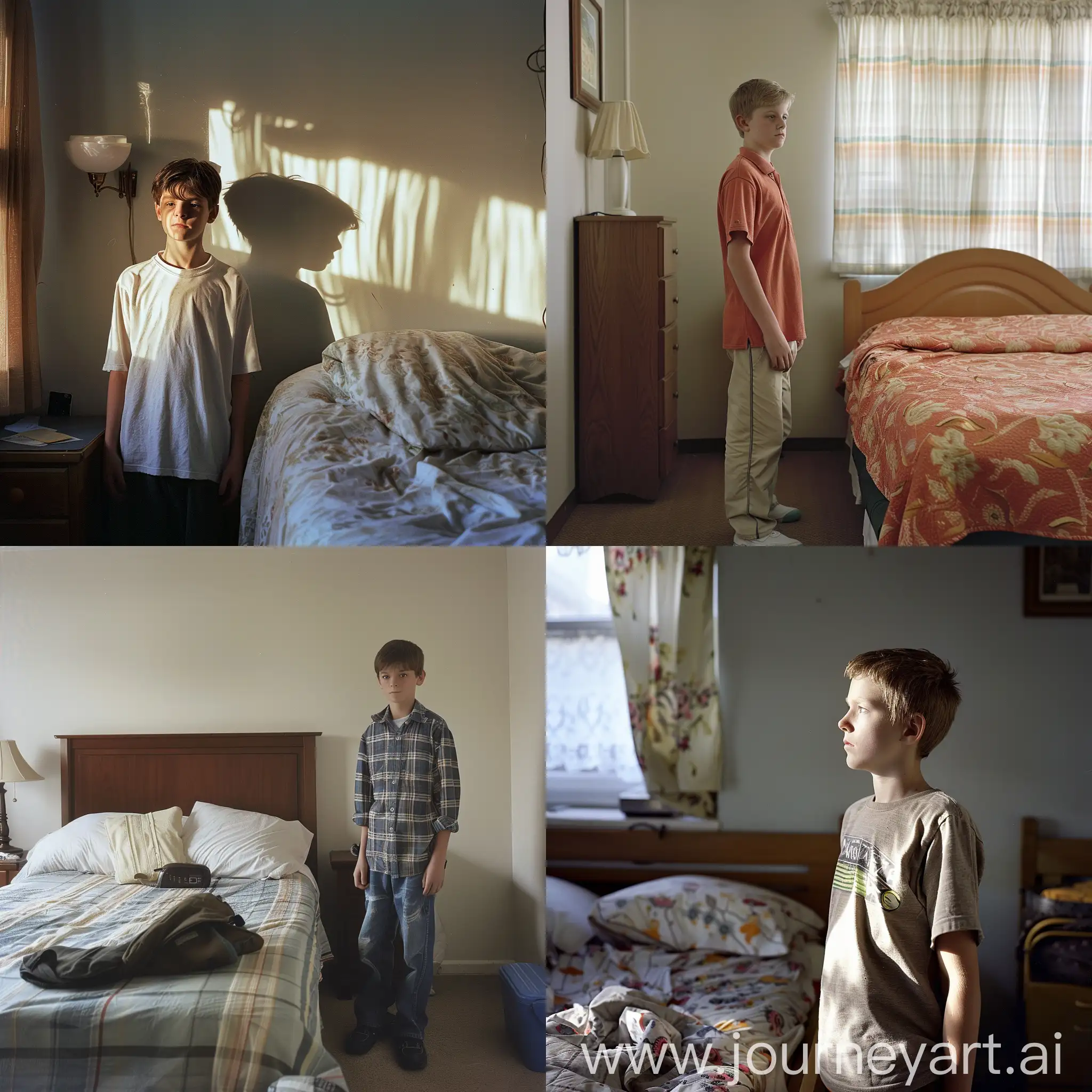 Boy  age 15 standing in room next to bed