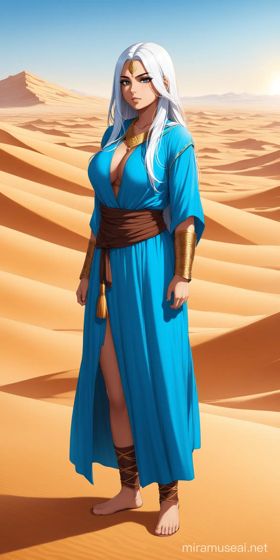 Female, arab girl, big chest, warrior monk, blue robe, white hair, standing, long hair, desert background