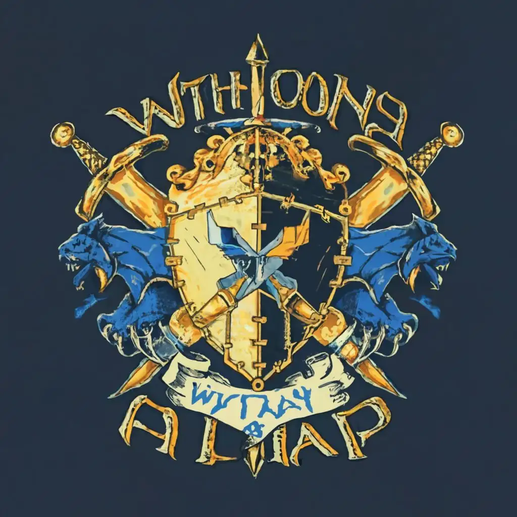 logo of a sword and shield, dungeons and dragons, wizards, swords, sorcery, with text "withonlyamap", draw with saturated colors blue and yellow, with the text "withonlyamap", typography, map and compass