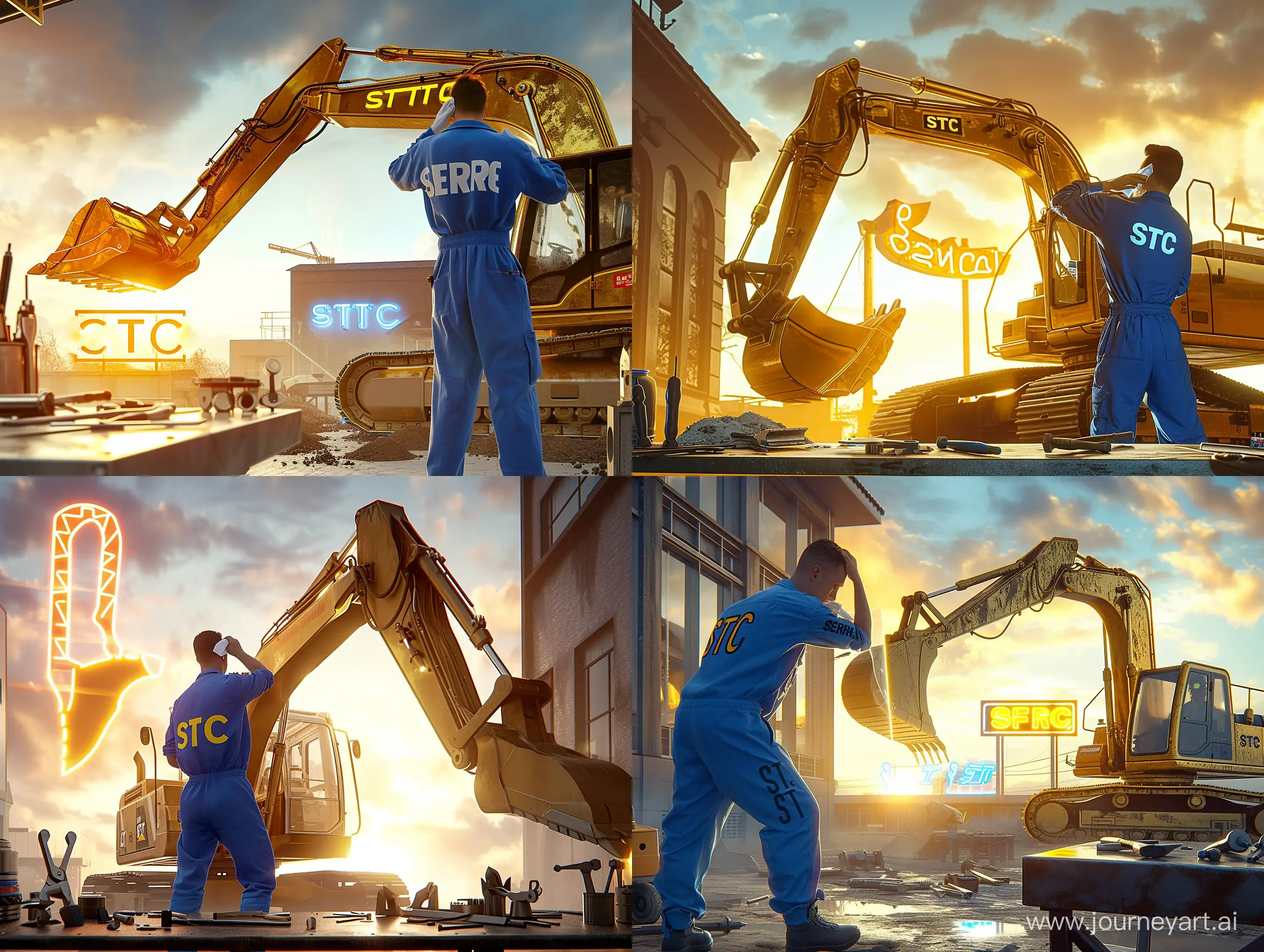 Professional-Excavator-Service-Mechanic-in-Blue-Jumpsuit-Maintains-Golden-STC-Model