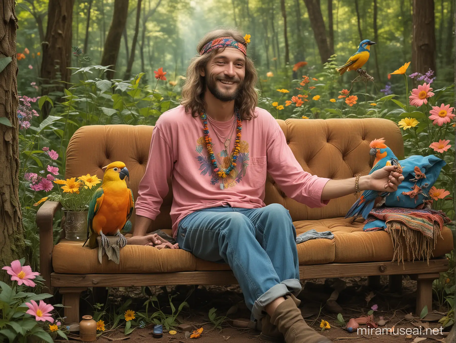 In the forest, there was a hippie man sitting on a sofa, smoking marijuana and smiling. Next to him was a vase with pink, yellow, and blue flowers. Around him were various animals, such as an orange bird buying a green shirt and a pink mechanic.