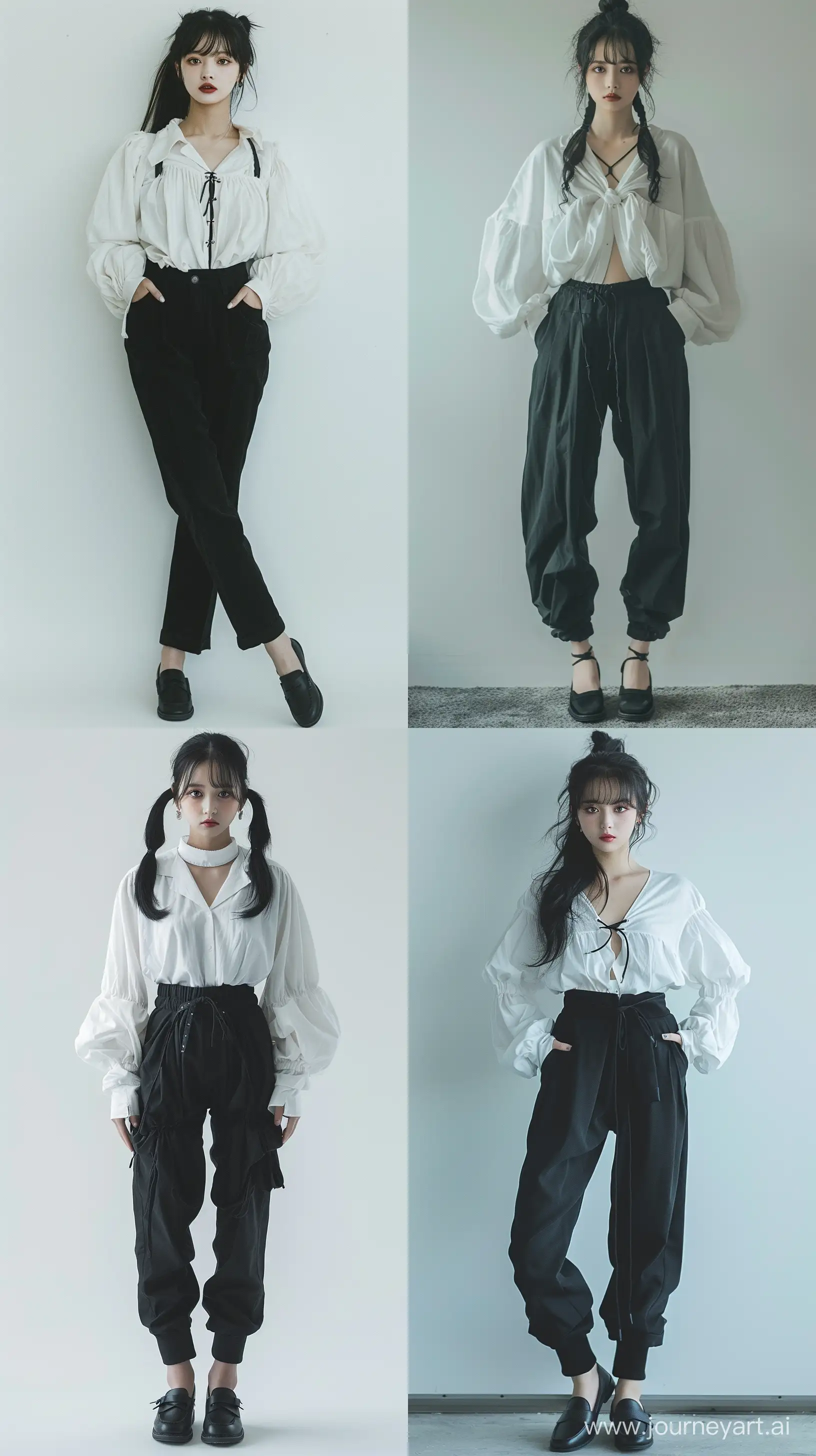 High resolution fashion photo of beautiful chinese girl full body shot, wearing black pants and white oversize blouse with black loafer shoes ,no accssesories no make up, pigtail black hair,minimalism,in the style of blackpink's jennie, bared face,mysterious nocturnal scenes, album covers, flickr --ar 9:16 --style raw --stylize 250 --v 6