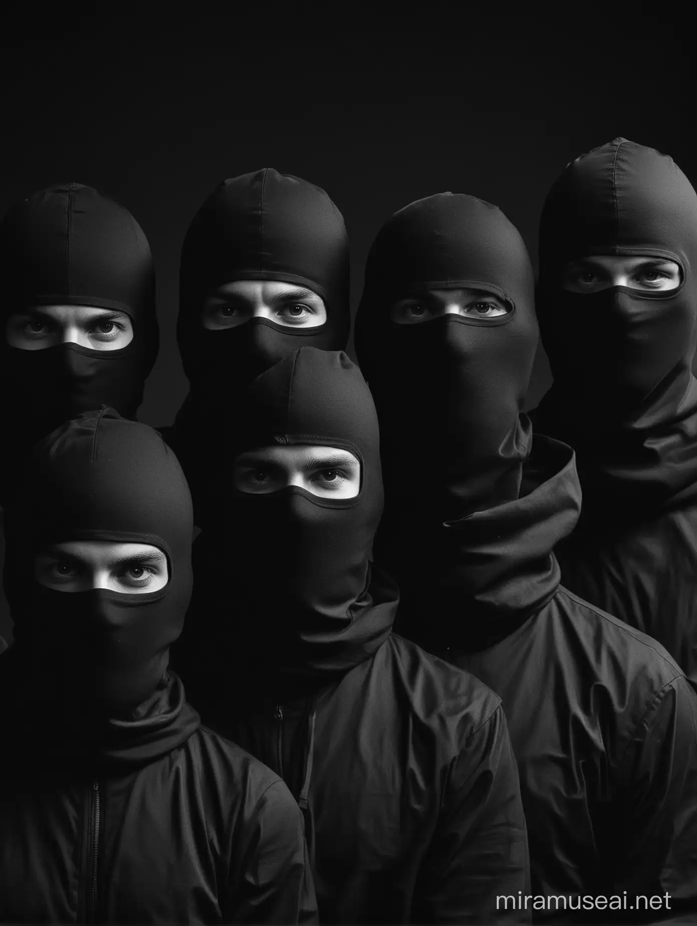 group of men, fans dressed in black, covered faces, balaclavas, black background, mysterious, black and white, 8k, high quality