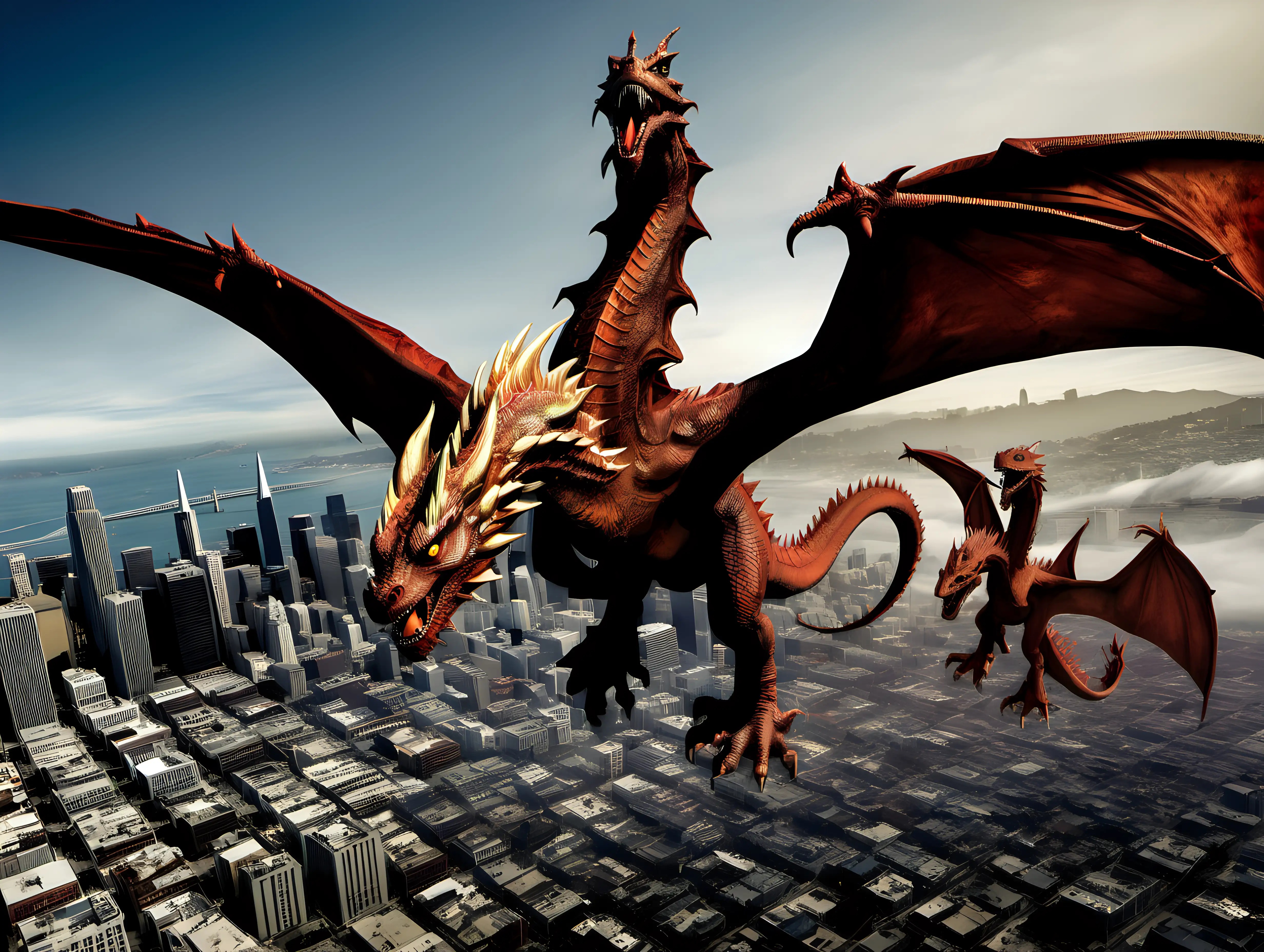 Age Of The Dragons flying down on Earth San Francisco