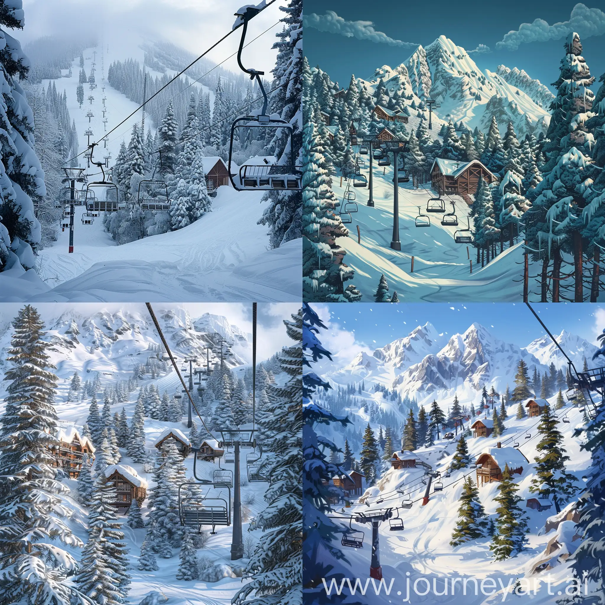 enchanted snow mountain, trees, chair lifts, huts, malam jabba swat