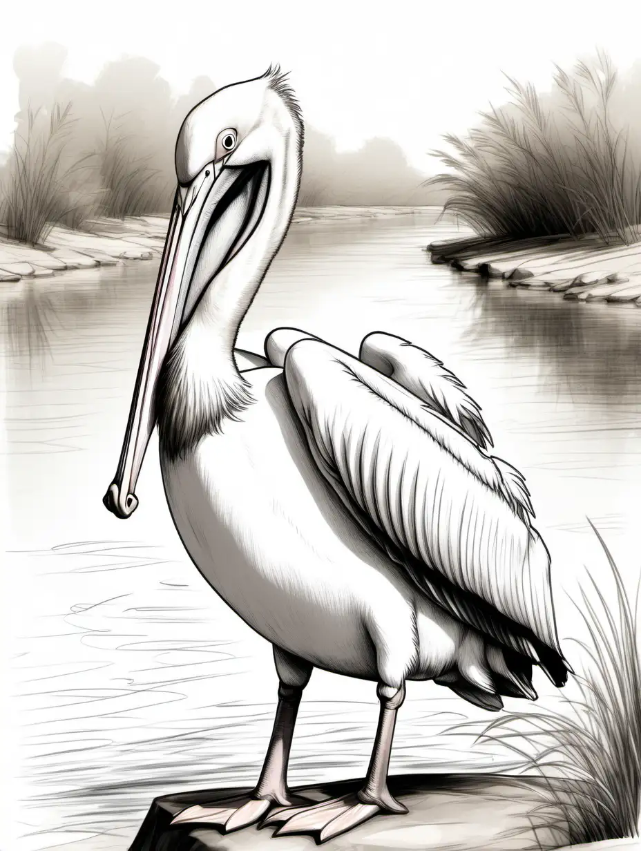 cute sketch of a great white pelican standing on a river bank
