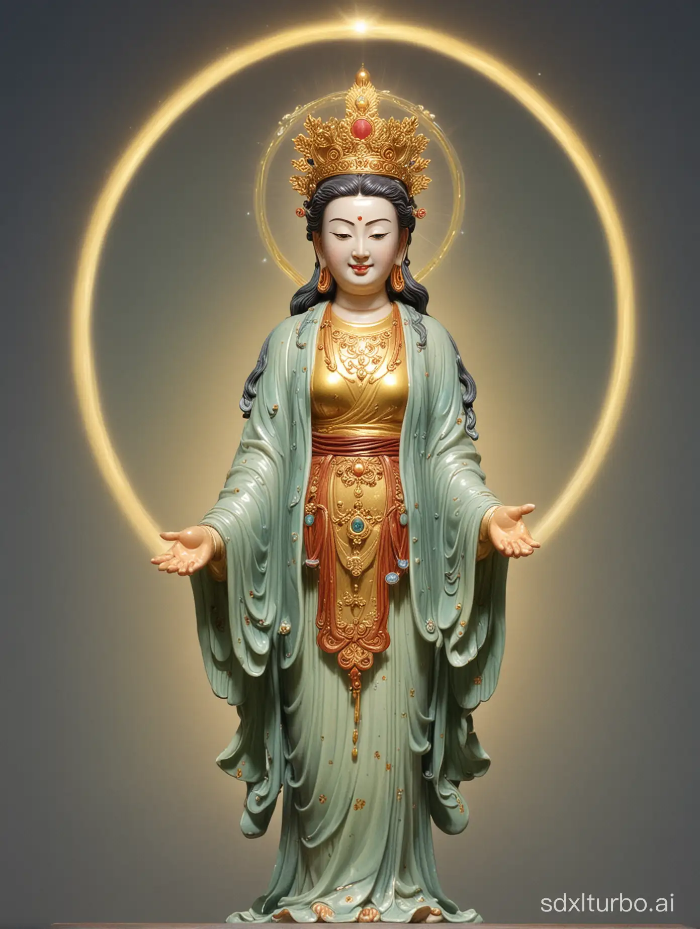 Guanyin Bodhisattva, standing, with a halo behind her head,  smiling and looking directly at the viewer.
