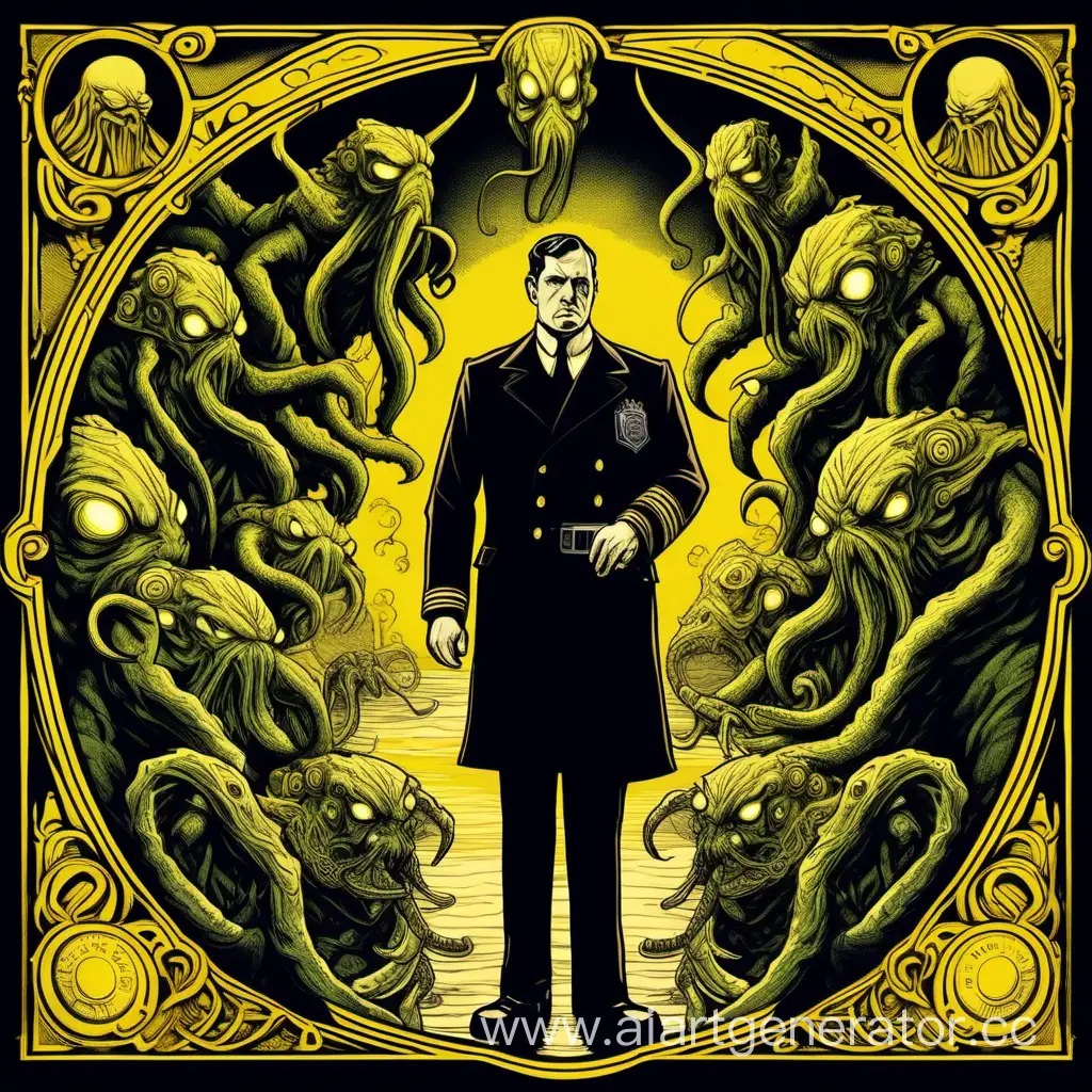 Full-length portrait: forty-year-old white male, former policeman, tall fat man with short dark hair, sideburns, no moustache, USA 1932,
Call of Cthulhu setting, yellow colours and 2d graphics style with ornamentation and Lovecraftian creatures