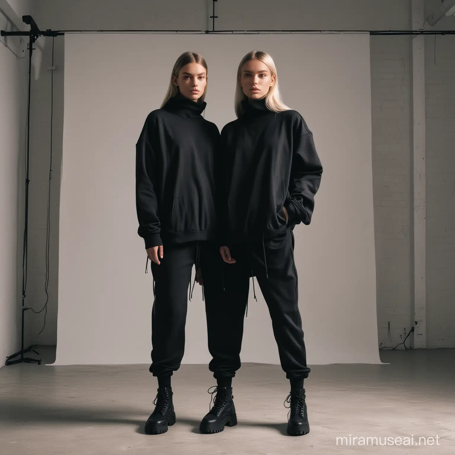 create models wearing all black oversized streetwear clothes in a minimalistic loft with a black and white color scheme lighting 