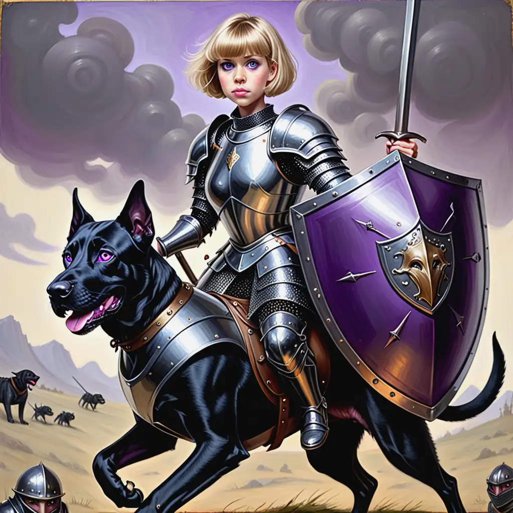  karen oberst from facebook with short dirty blonde hair bowlcut and hazel eyes Wearing plate armor,  With a lance and shield, riding a giant black labhound with purple eyes, oil painting