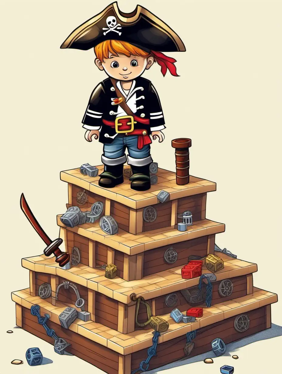a little boy in pirate clothes builds a tower with legos, picture for children, for a book