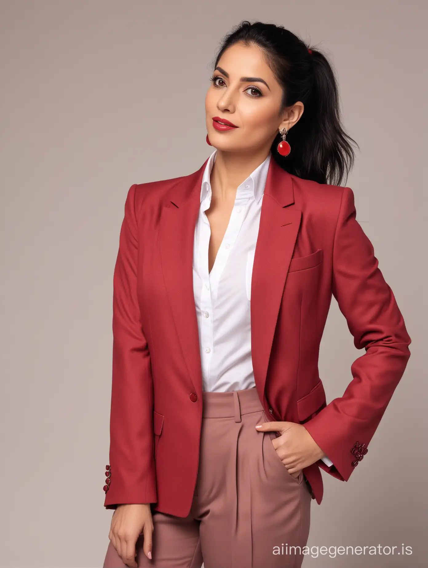 Stylish-Iranian-Woman-in-Crimson-Blazer-with-Red-Accessories-on-White-Background