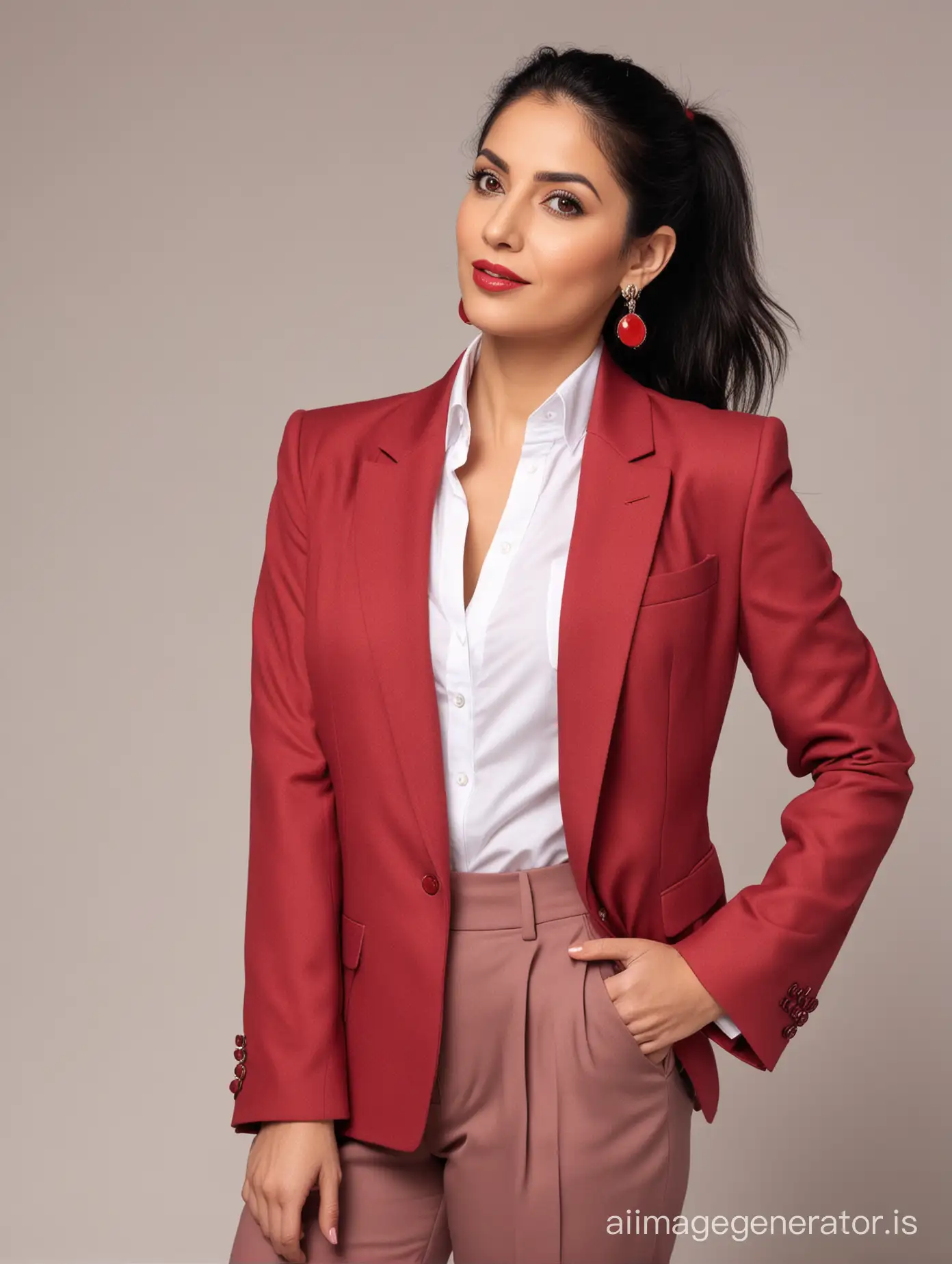 iranian woman 45 years old, crimson blazer, white shirt, red earrings, red lipsticks, black ponytail hair, full body, white background,