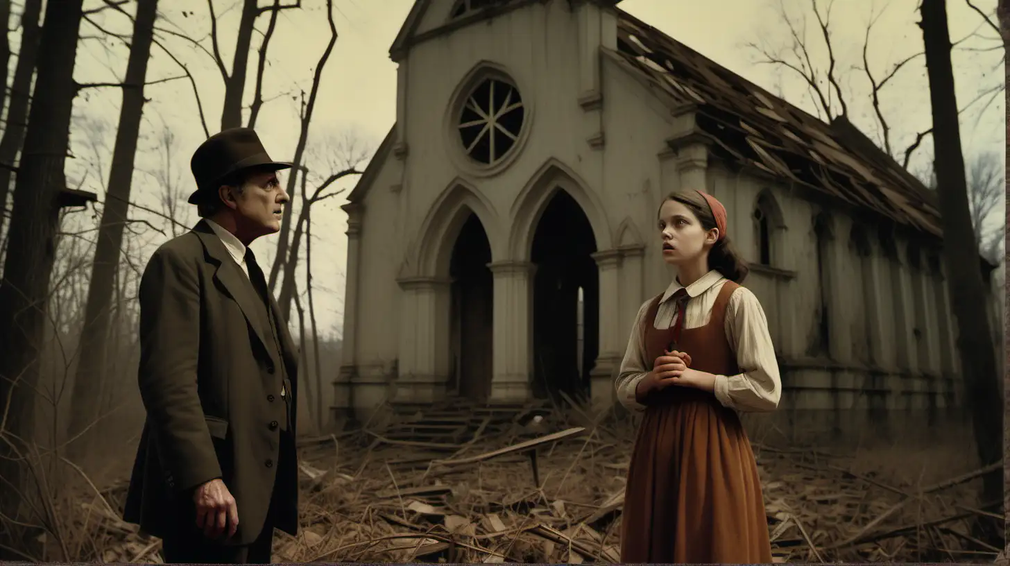 dramatic cinematic lobby card photo showing a smart middle-aged gentleman and a wild young villager woman at an abandoned church is a wooded clearing, in the style of a British horror film of the 1970s, called ‘The Lower Place’
