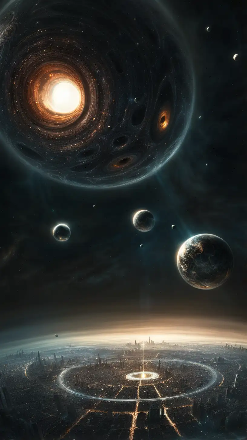 Eerie Subdimensional Art Plutos Black Hole and Floating Cities in Dramatic Space Lighting