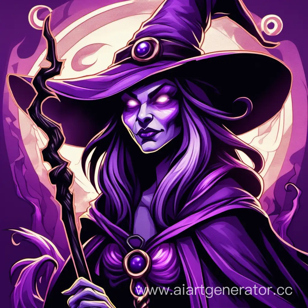 портрет ведьмы с посохом в фиолетовых тонах в стиле heartstone 

