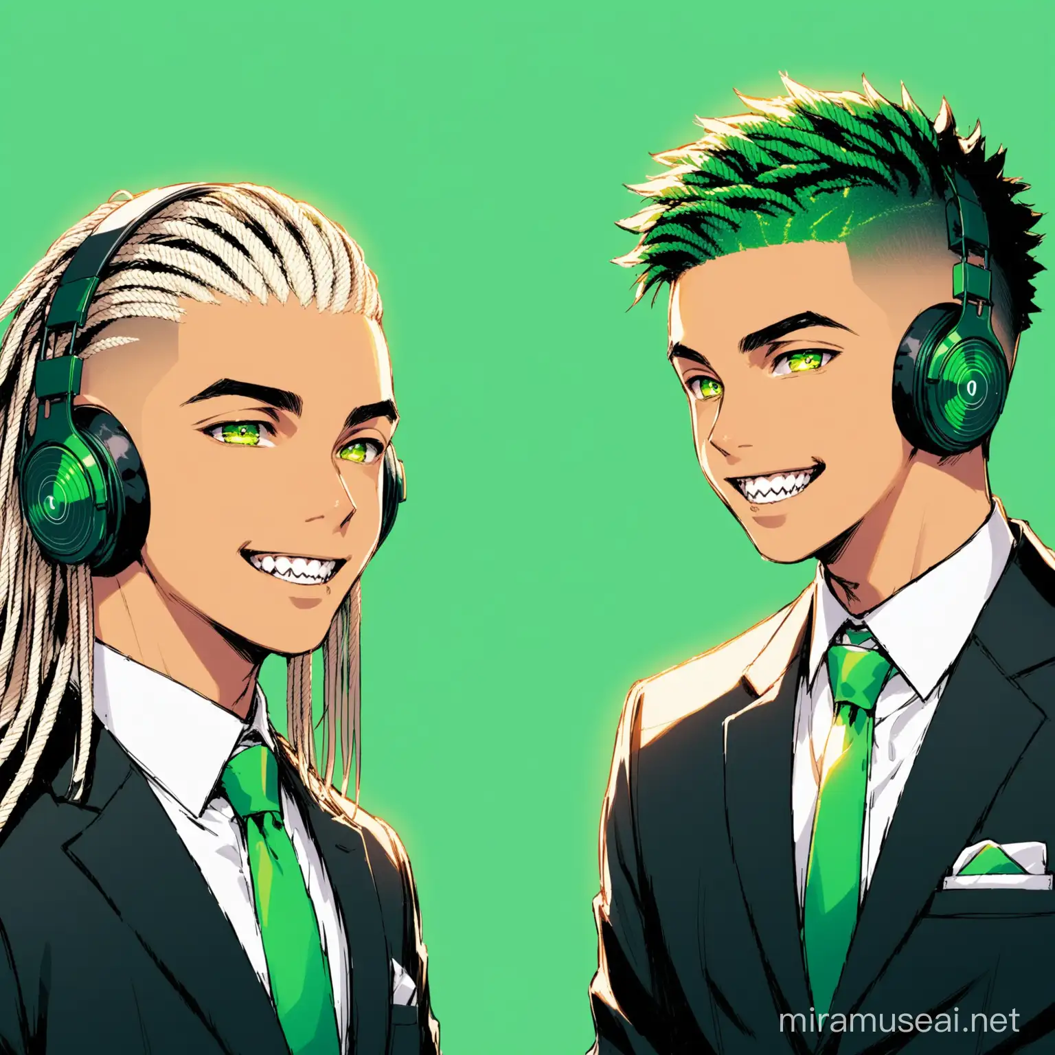 draw a picture of two young male teens dressed in suits,their eyes are white like of Gods ,one has short dreadlocks and gold teeth while the other with a  Caesar Haircut and silver teeth, while they behind a green background when they in a studio making music and beats