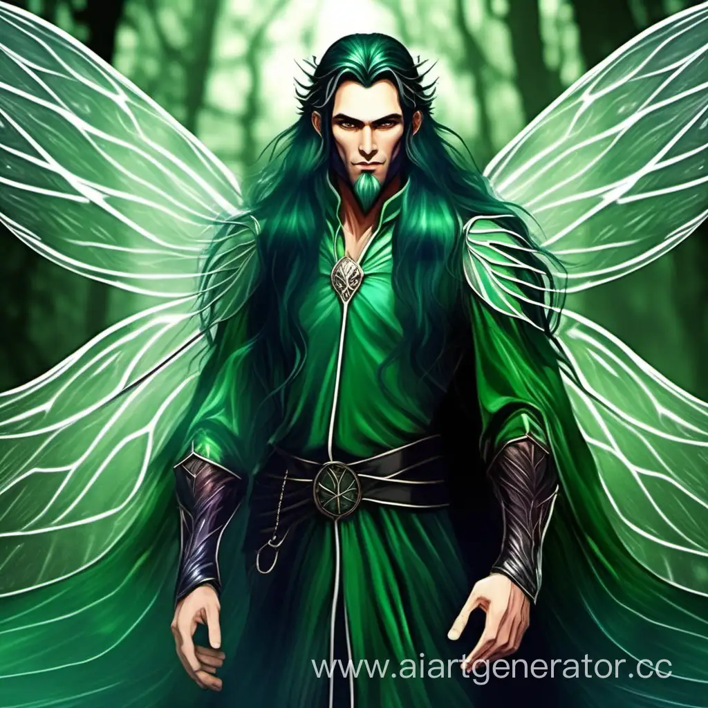 Архифея Взрослый мужчина с большими прозрачными крыльями феи с темно-зелеными Длинными волосами.  без бороды. Для подземелья и драконов
