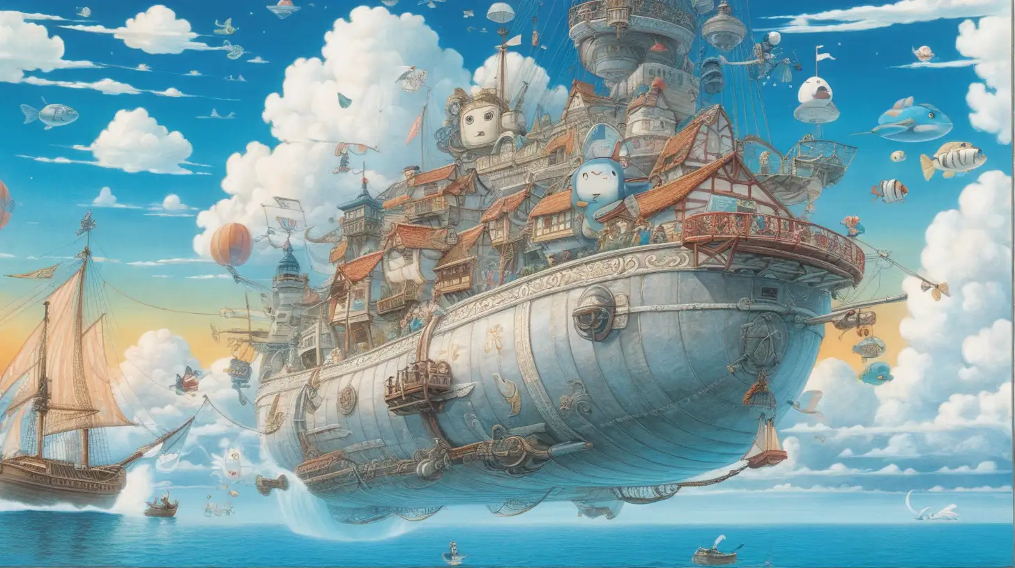 beauiful illustration of fantasy, cloudship, soothing, dreaming, music, amazing detailed game poster, Hayao Miyazaki --ar3:2 --niji 5