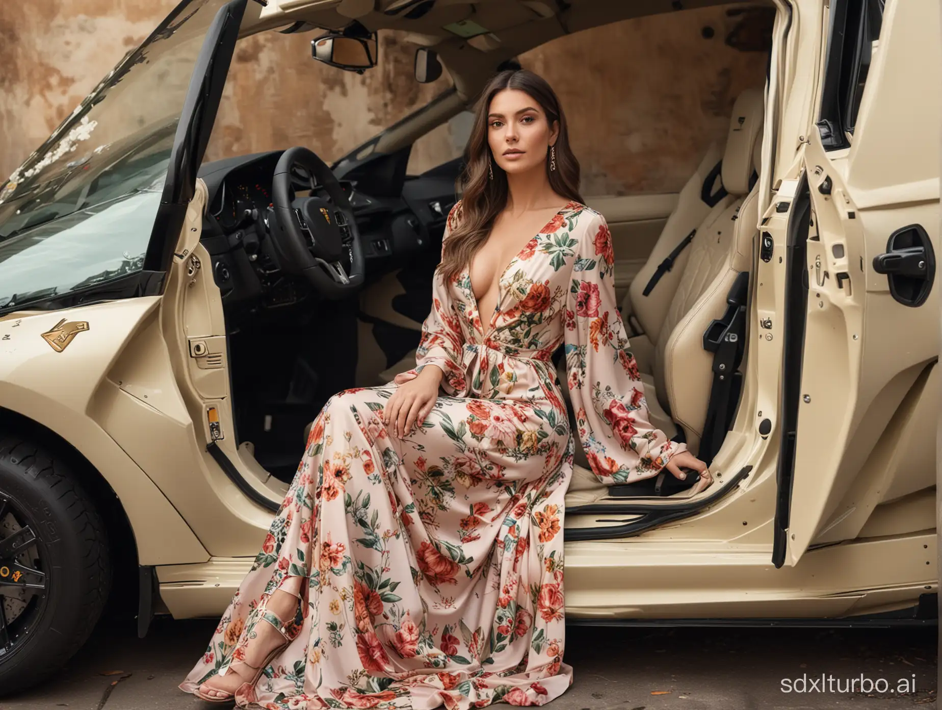 a full body image of a realistic beautiful woman wearing floral gown with a nameprint Mine sitting on a floral open door Lamborghini