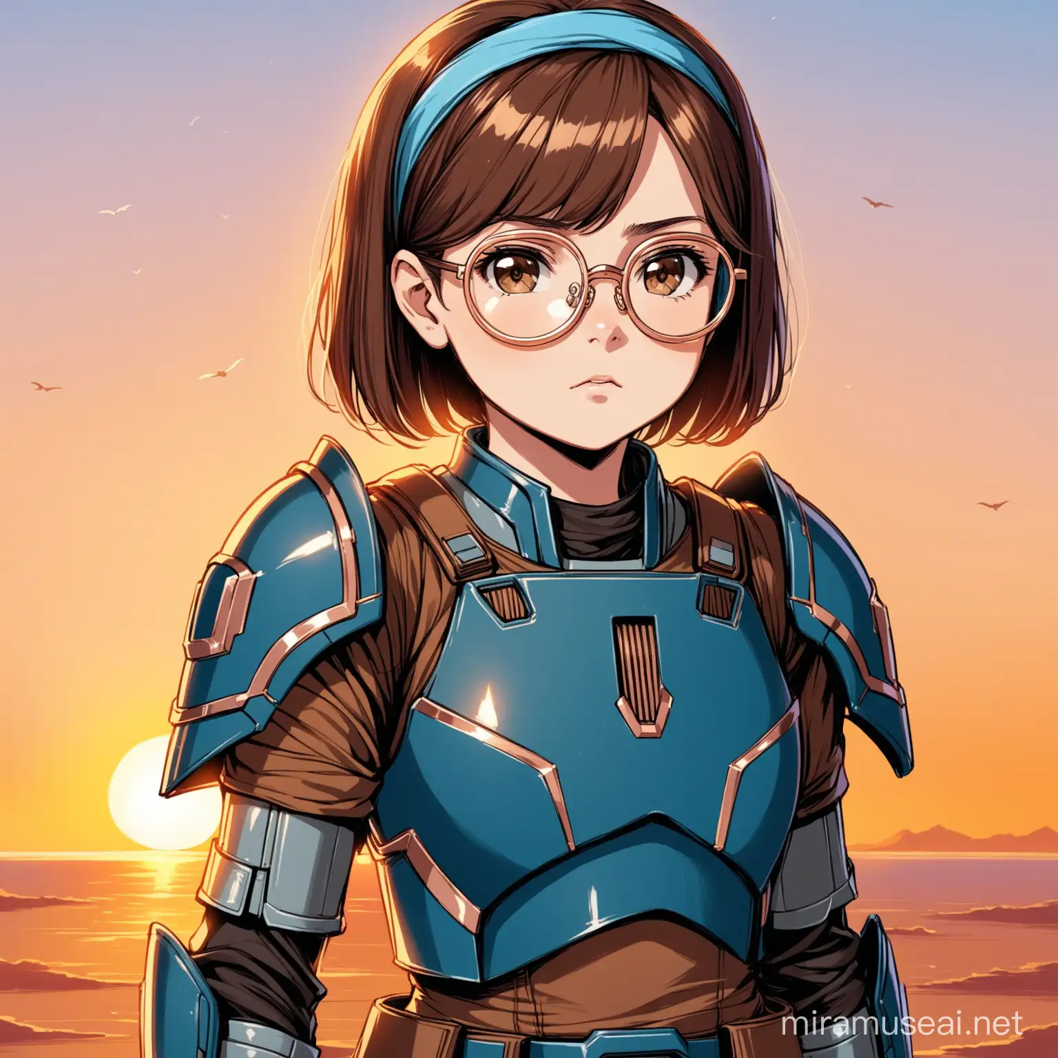 12 year old girl, short brown hair, brown eyes, rose gold glasses, determined expression, headband, wearing blue Mandalorian armour, sunset
