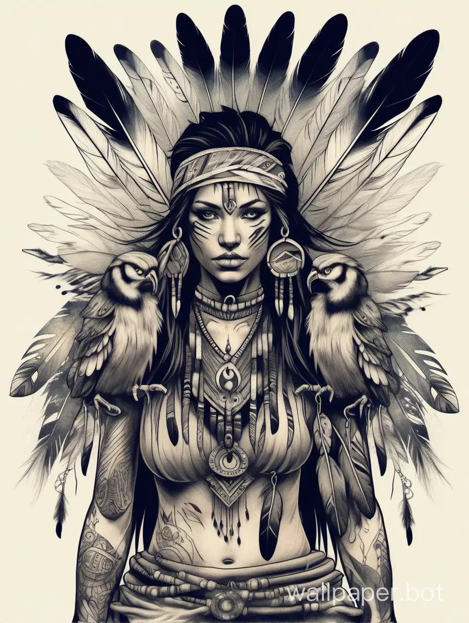 Girl shaman with feathers and tattoos
