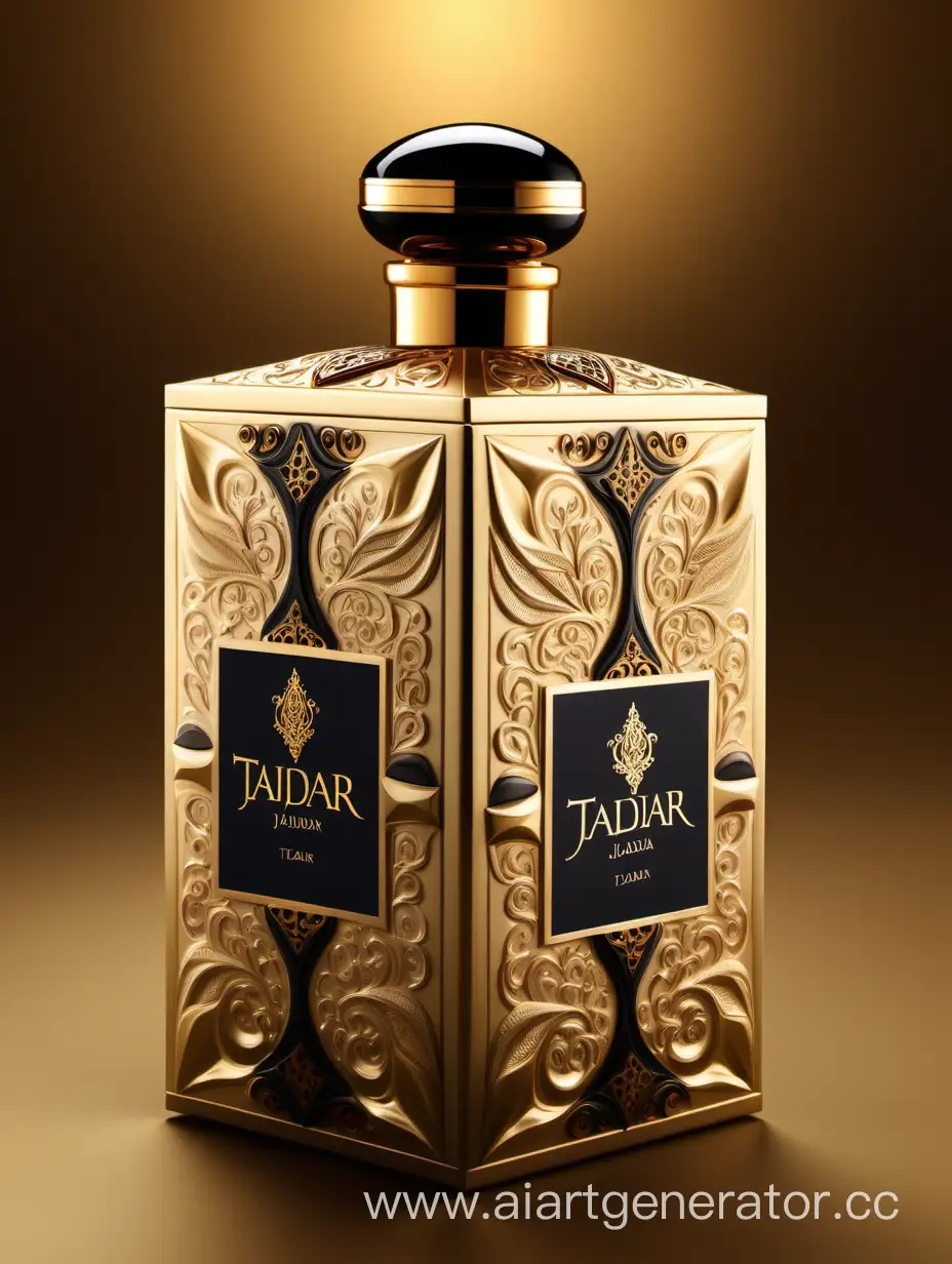 Box package design of perfume TAJDAR product, elegant, trending on artstation,   sharp focus,   studio photo,   intricate details,   highly detailed,   gold, Royal black and beige color on gold background