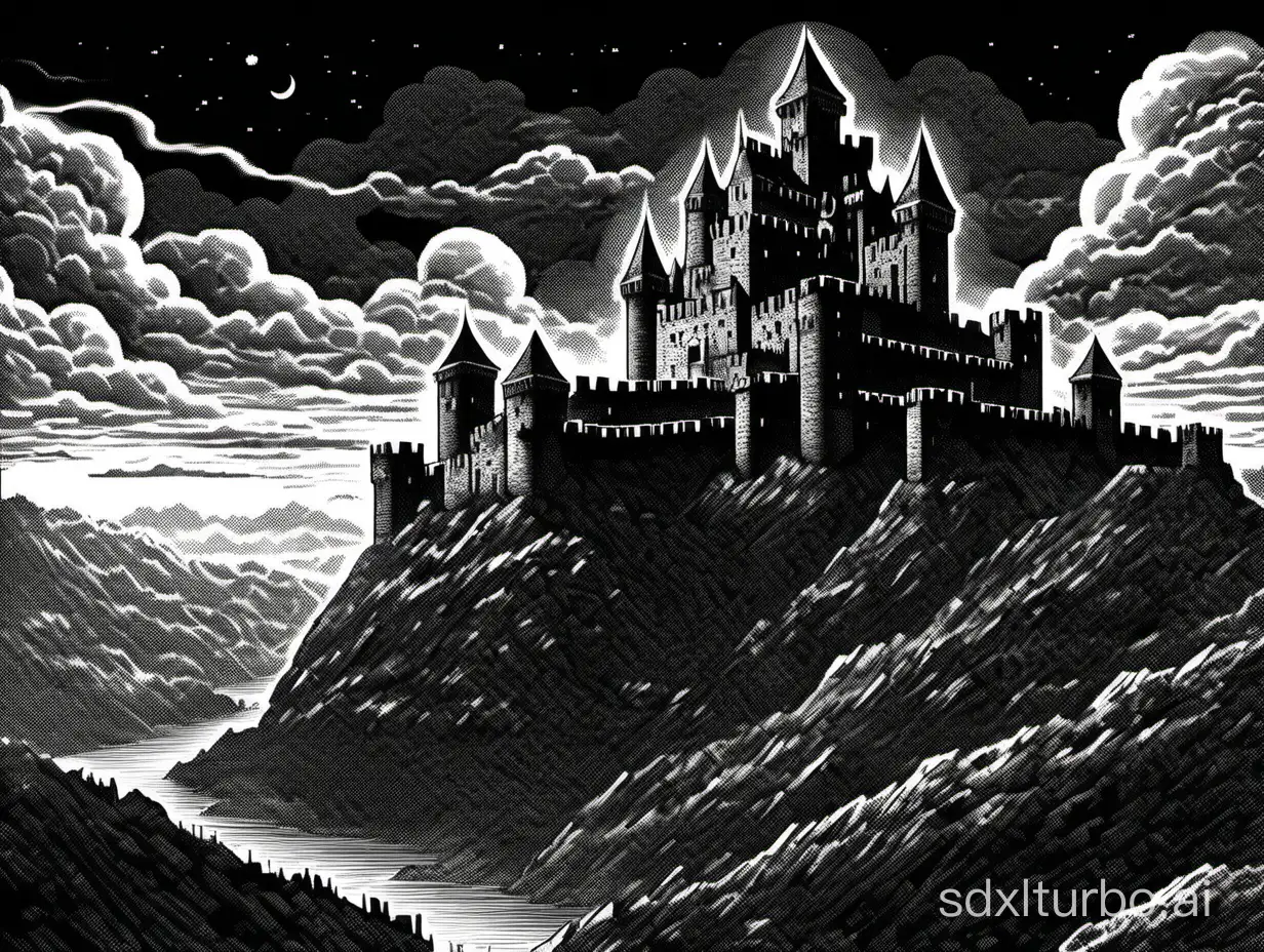 line art of a hilltop fortress castle, cloudy night, close up, dark atmosphere, 1bit bw, black background, style of 1979 AD&D, by David A. Trampier,