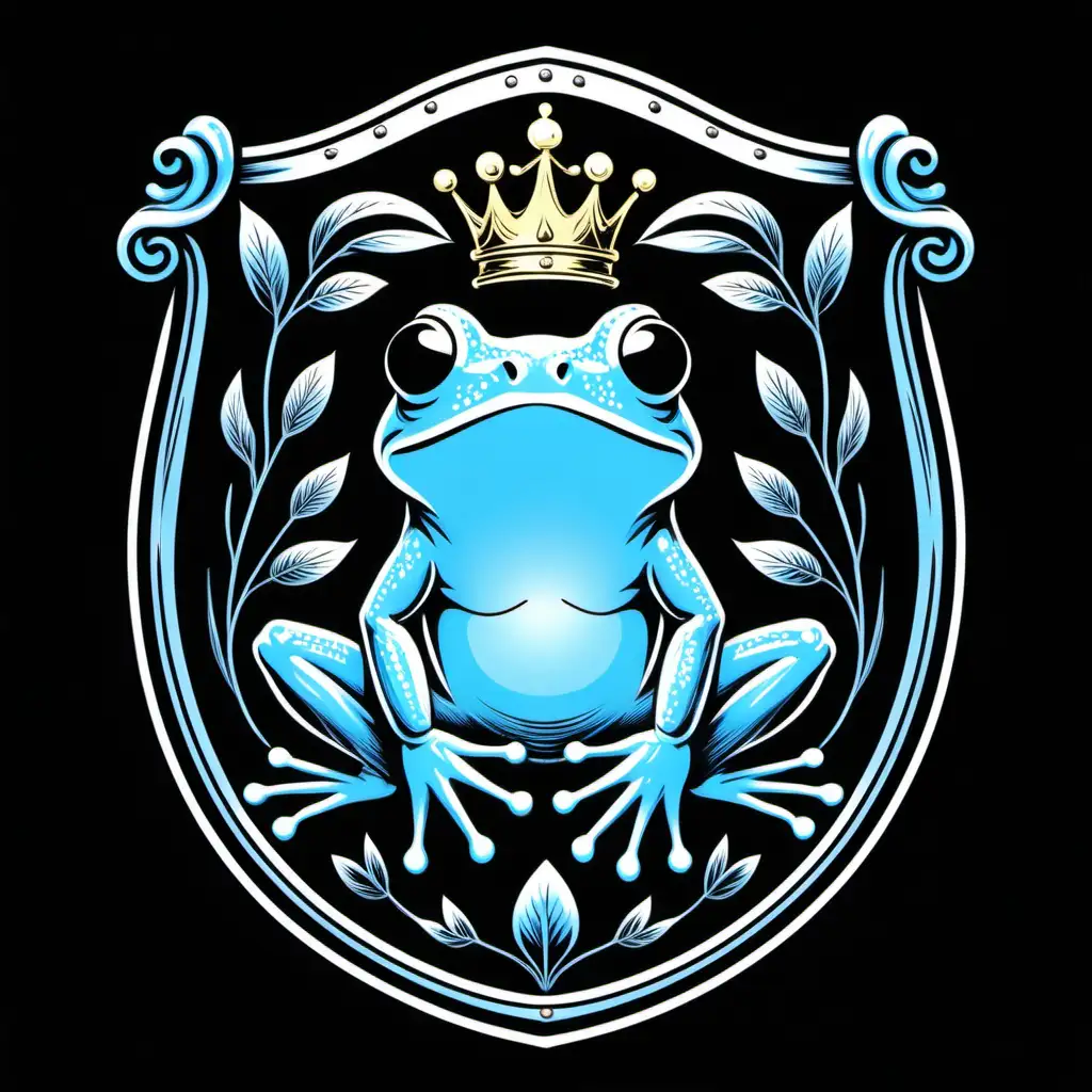 Coat of arms shield with a line drawing of a light blue colored frog on the shield for t-shirt design on a black t-shirt, vivid, flat black background