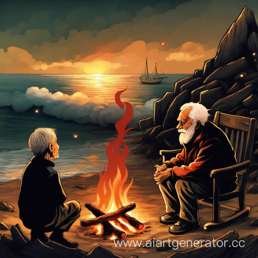 Boy-and-Old-Man-Relaxing-by-Beachside-Bonfire