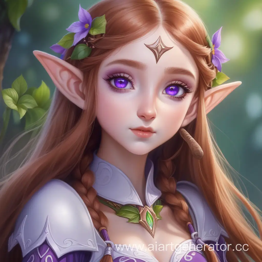Девушка эльф с каштановыми волосами, фиолетовые глаза, имеет родинку возле рта и красивые черты лица, отличное качество