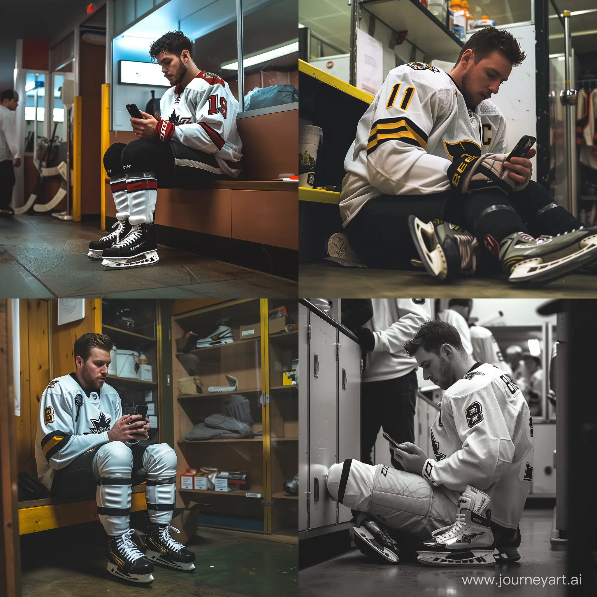 hockey player sitting in the locker room on his phone with his sneakers on