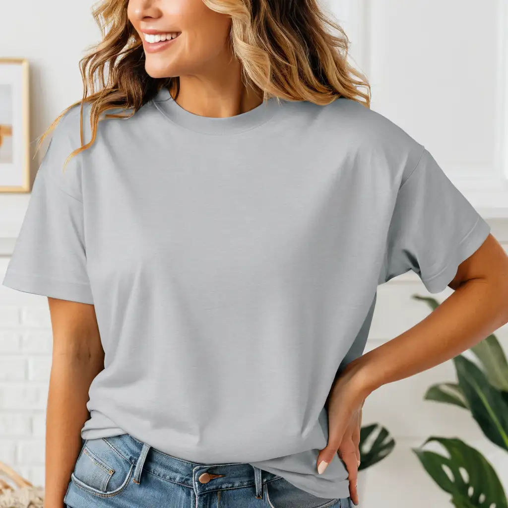 blonde woman wearing gildan 5000 sport grey oversized t-shirt mockup, simple boho home background, clear shirt stiches