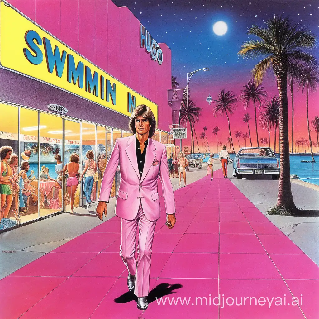 US, 1980, hollywood, colorful, man walking night, its a music cover called swimmin (in pink) by Hugo Quier
