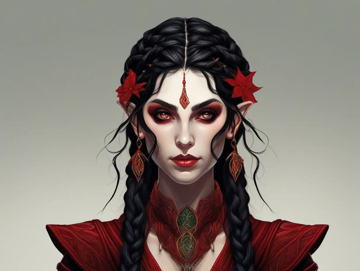 portrait of a female elf with intricately braided black hair dressed in red. 