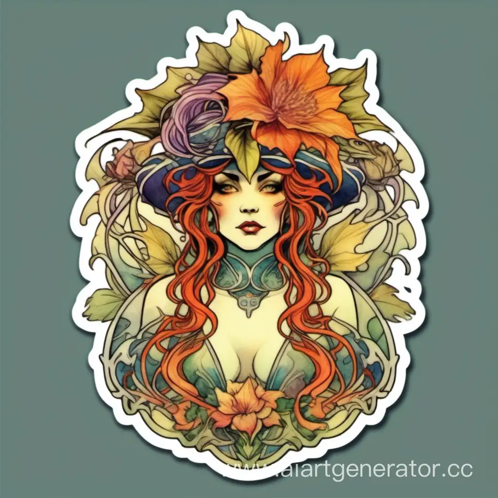 crazy dragon woman, dragon hat, flower, leaves ornament, Explosive dripping watercolor, vintage cartoon style, alphonse mucha, symmetrical, sticker art