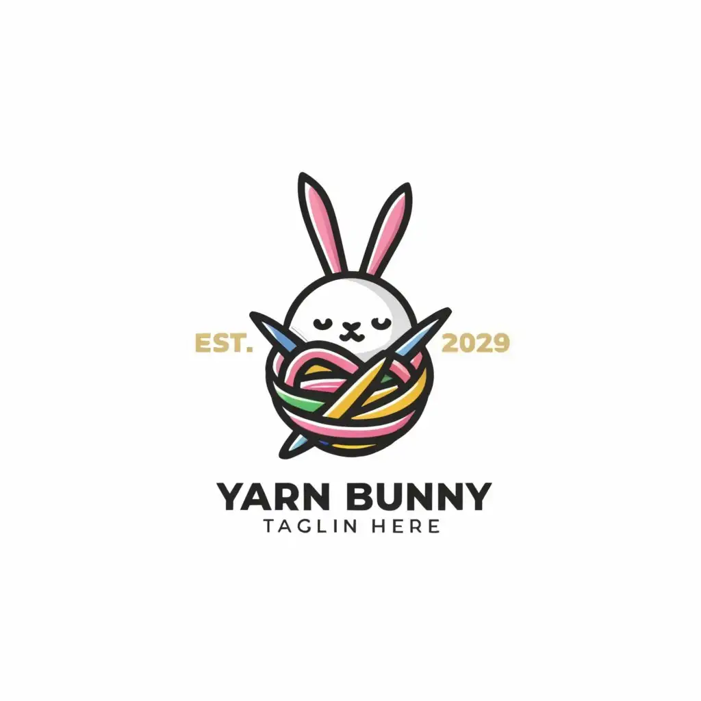 a logo design,with the text 'Handmade bunny', main symbol:yarn and bunny combined, maybe some knitting needles,Minimalistic,clear background