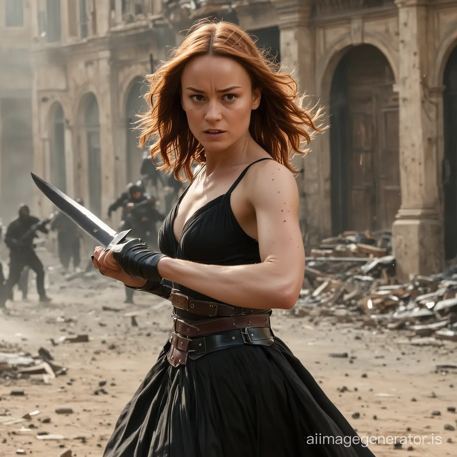 Brie Larson with dark red hair in a black ball gown fighting with throwing knives against insurgents in a European city warzone