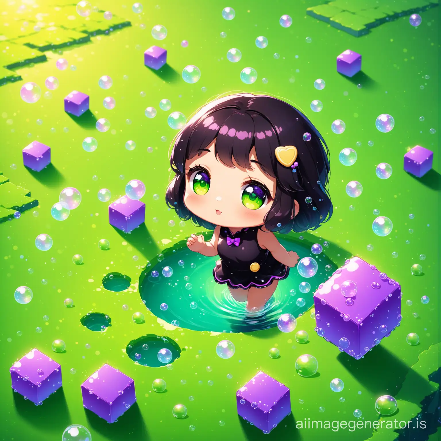 a small black cute cookie with green eyes walking in the land of Bubbles
Bubbles are scattered in the environment
also little purple blocks fell on the floor
Details are evident beautifully and with great precision
