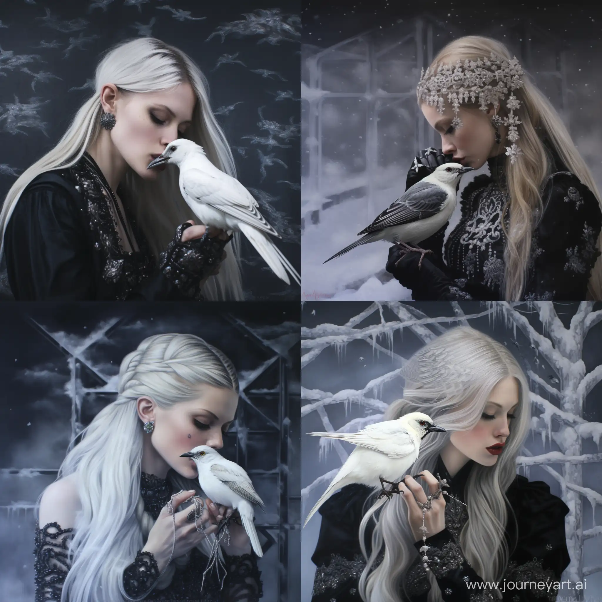white woman kissing white bird in snow, photography, Tumblr, gothic art, long braided silver hair, pearly queen, leaked image, gothic royal and torn black, with white, oil watercolor