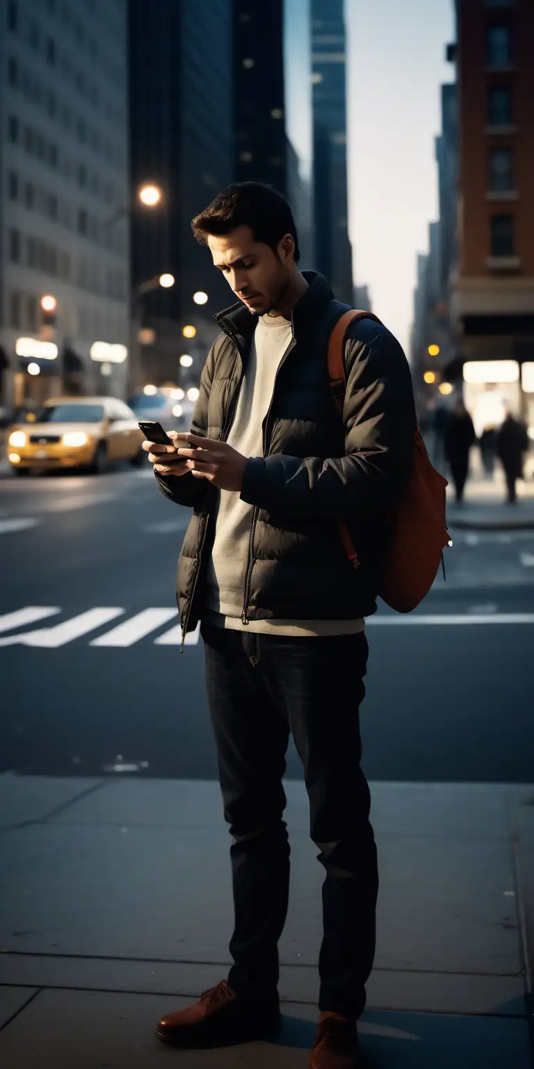 Generate a hyper-realistic image of a man standing outdoors in the evening, in an urban city setting, resembling a photograph of a friend waiting for an Uber on his phone. The man should be in a natural pose, looking at his phone's screen, which displays a map with an Uber-like route, even if the Uber is 10 minutes away. The background should depict an outdoor cityscape reminiscent of New York City in the evening. The overall scene should convey a strong sense of anticipation and waiting. Pay meticulous attention to details, ensuring that the man, his clothing, the phone screen, the cityscape, and any reflections or lighting effects appear as if they were captured on Kodak 400 film, with subdued evening lighting that enhances the mood of anticipation.
