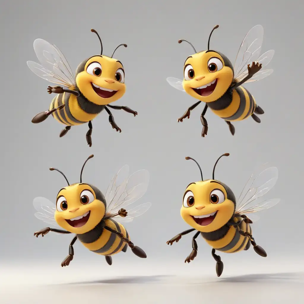 前方有一只可爱的小卡通的立体的微笑的蜜蜂背身在飞翔特，背影的序列帧，正面飞行。没有体毛，身体光滑，侧面转身飞翔，背身特，正面特写，侧身飞翔，白色的背景