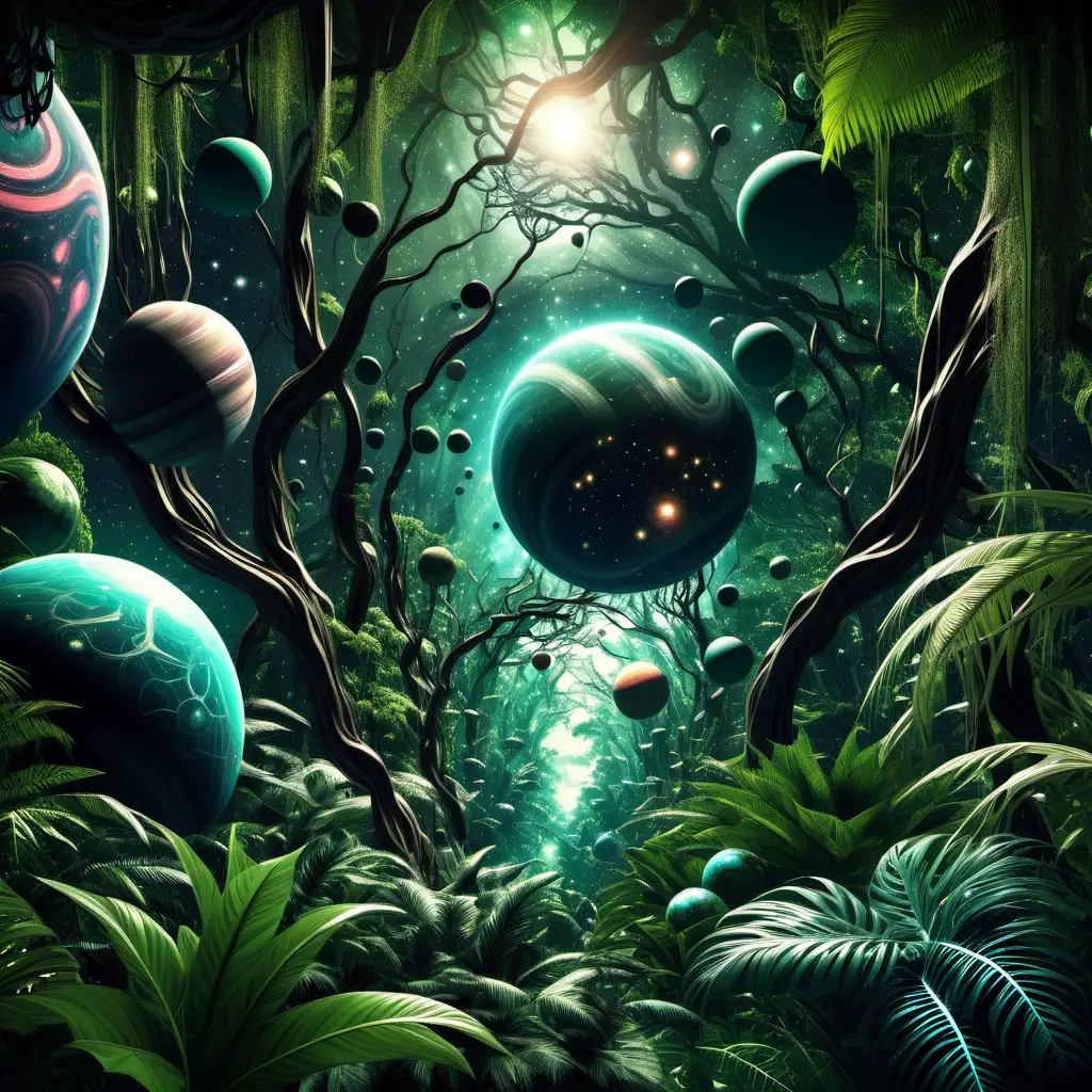 Celestial Jungle Canopy Surreal 3D Futurism Illustrating Planets Stars and Galaxies