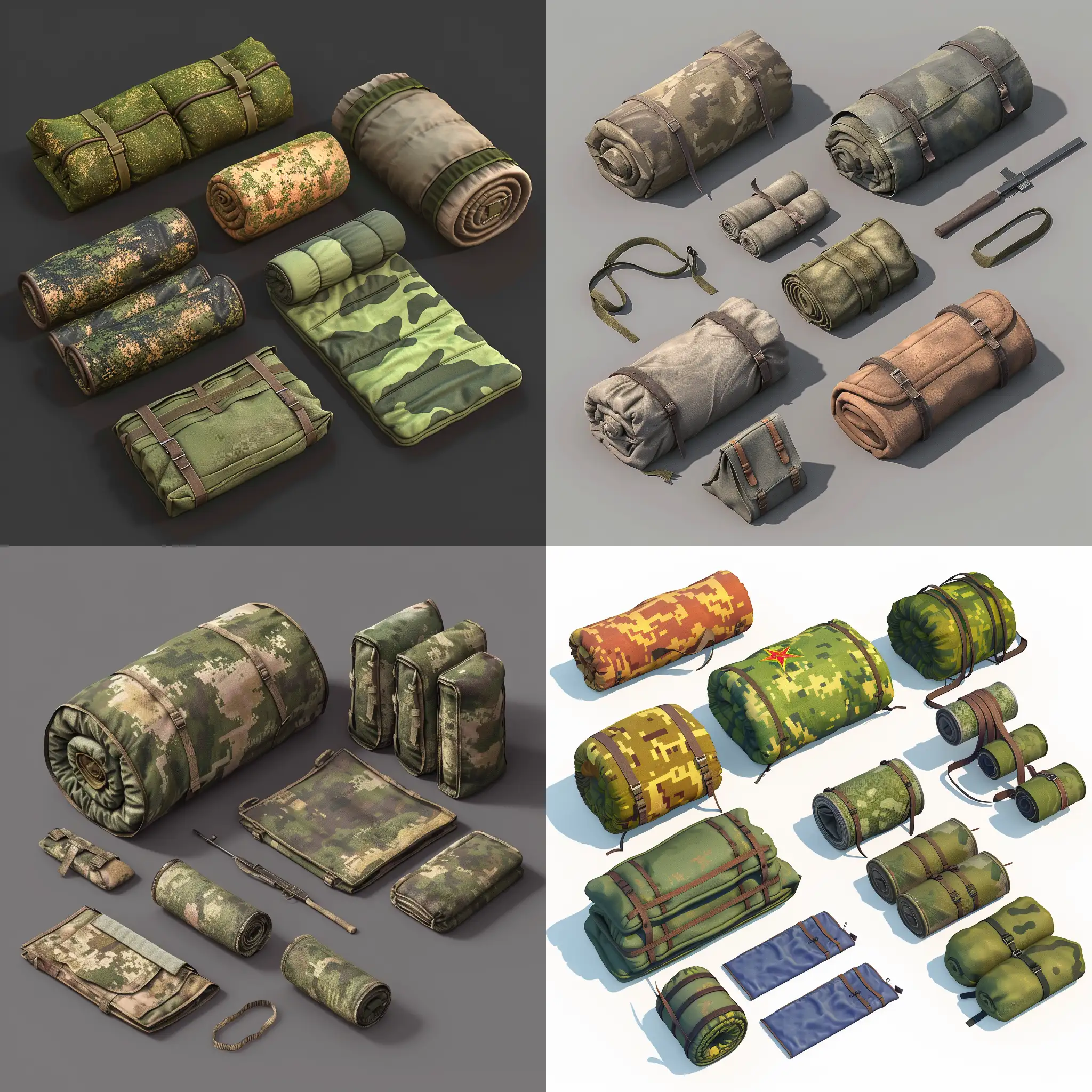 Isometric-Set-of-Realistic-Old-Soviet-Military-Sleeping-Bag-Rolls