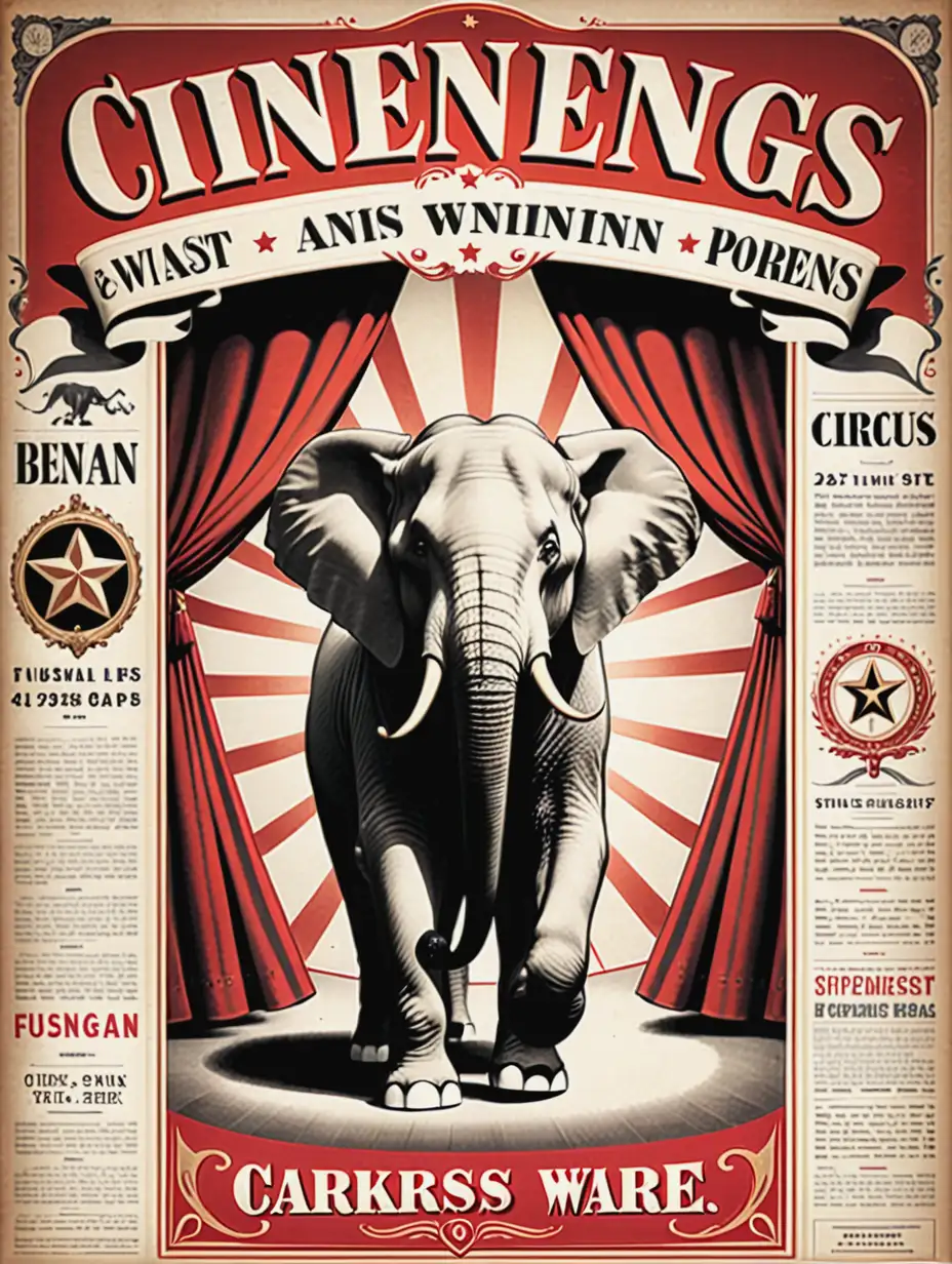 Vintage Circus Advertisement with Colorful Characters and Bold Typography