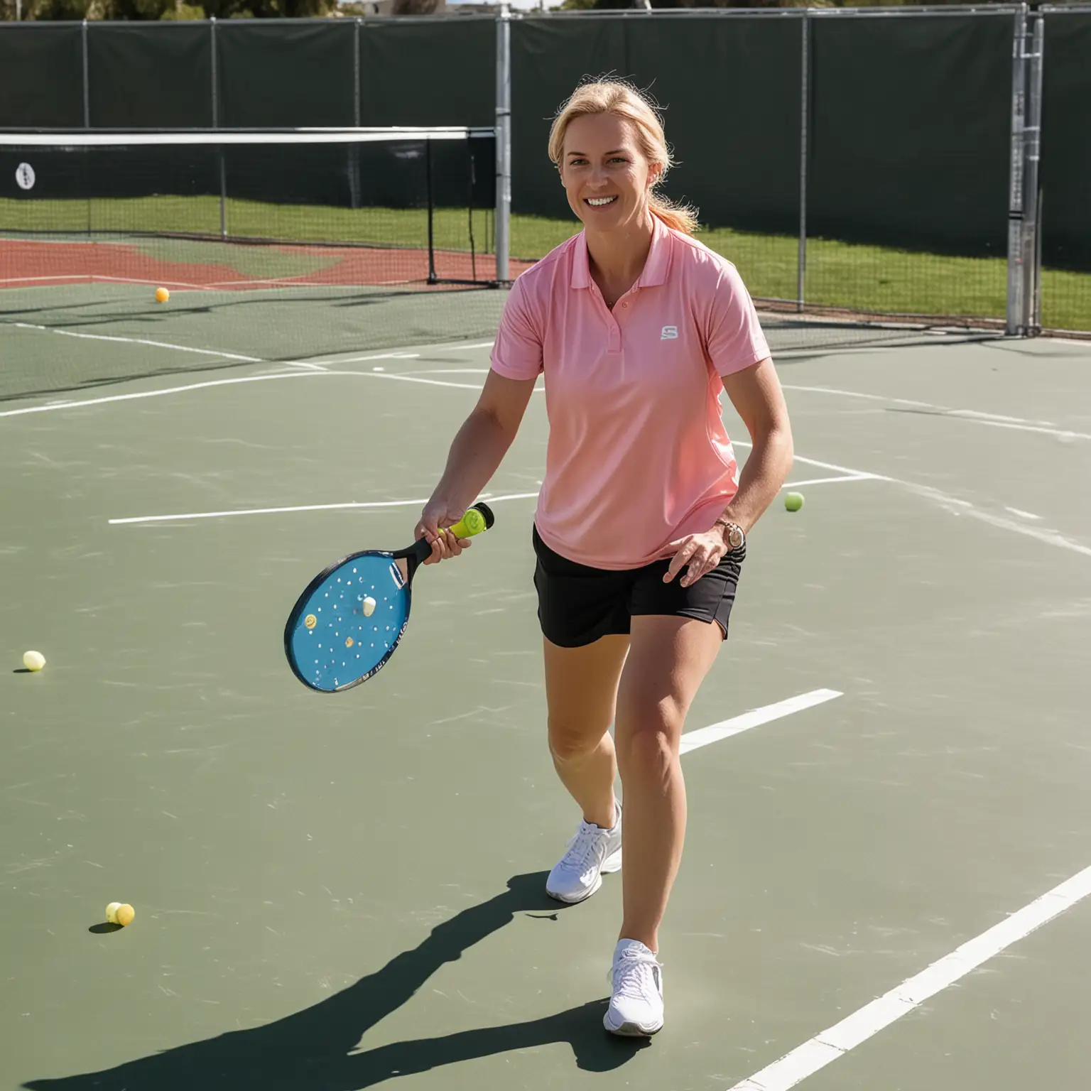 A WHITE WOMAN PLAYING PICKLEBALL ON A PICKLEBALL COURT. 