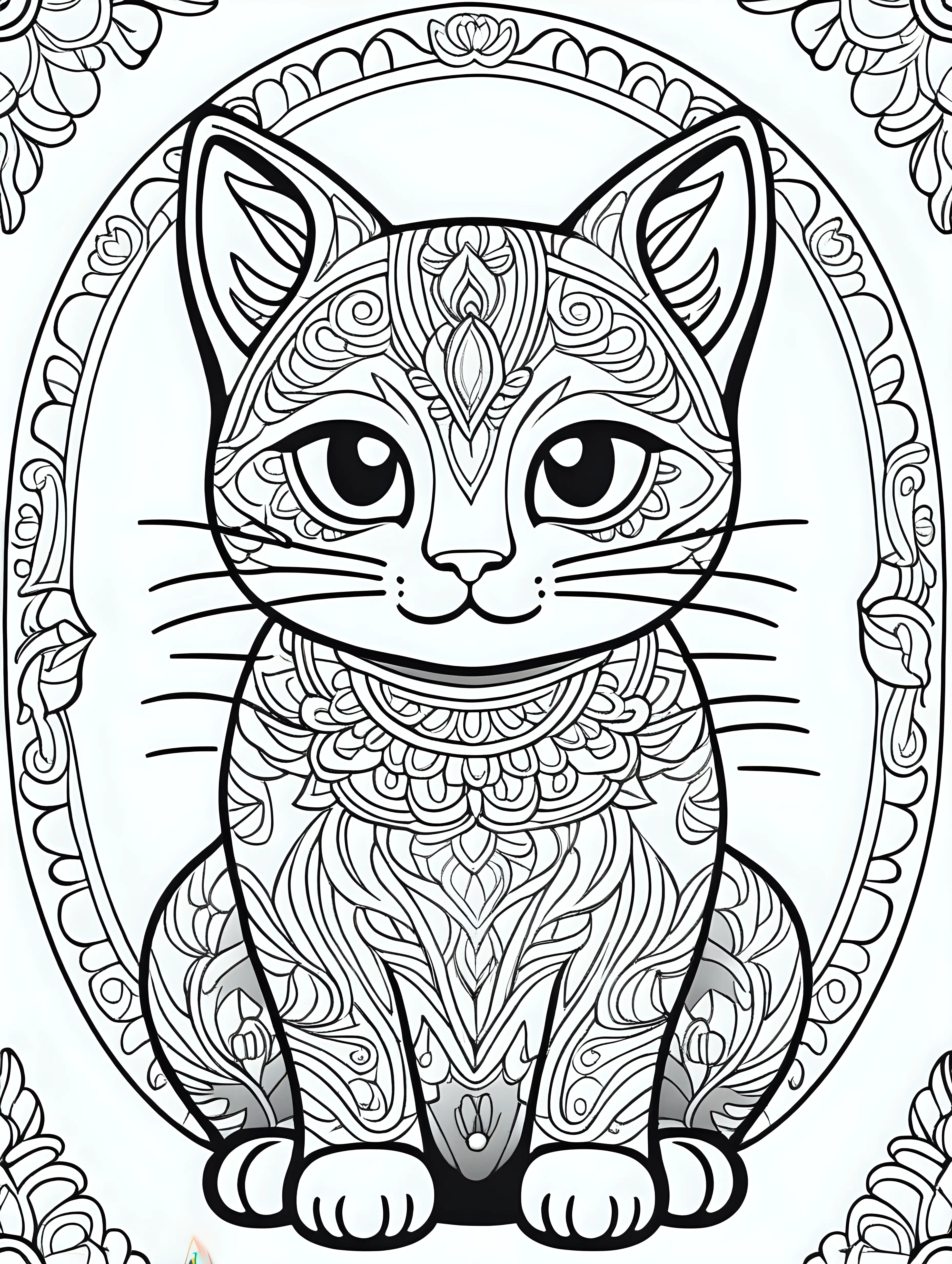 Colorful Mandala Cat Cartoon for Kids Coloring Book Fun