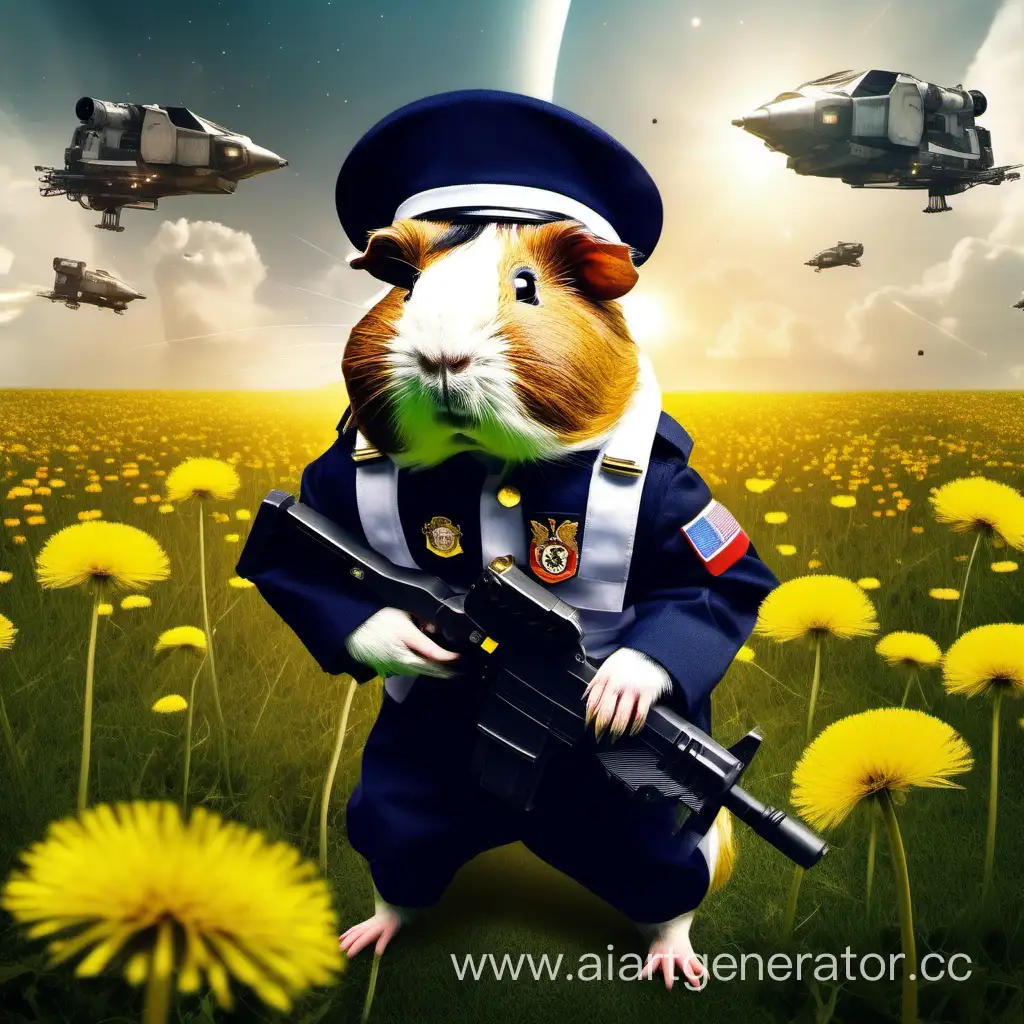 Морская свинка в форме солдата будущего на фоне поля одуванчиков, защищает Россию. Вокруг летают космические корабли и другие морские свинки